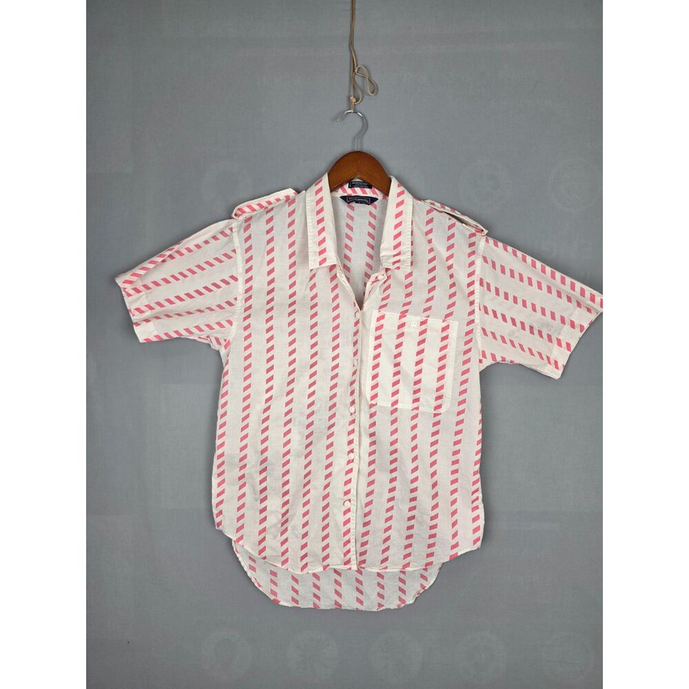 Vintage 80s Hathaway Cotton Short Sleeve Shirt Size 4 Striped Blouse Collared